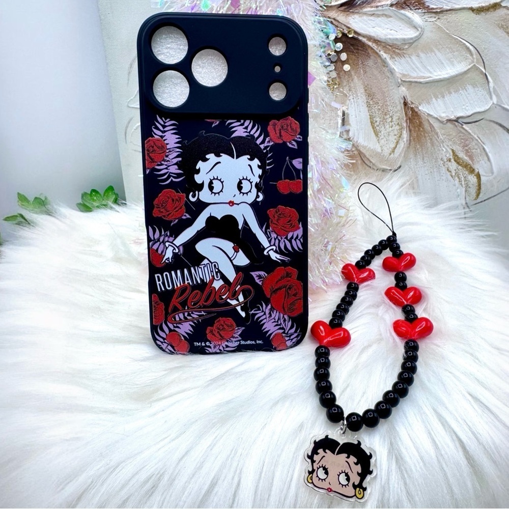 Betty Boop iPhone 17 Pro Max Case with Phone lanyard, Black & Red Theme